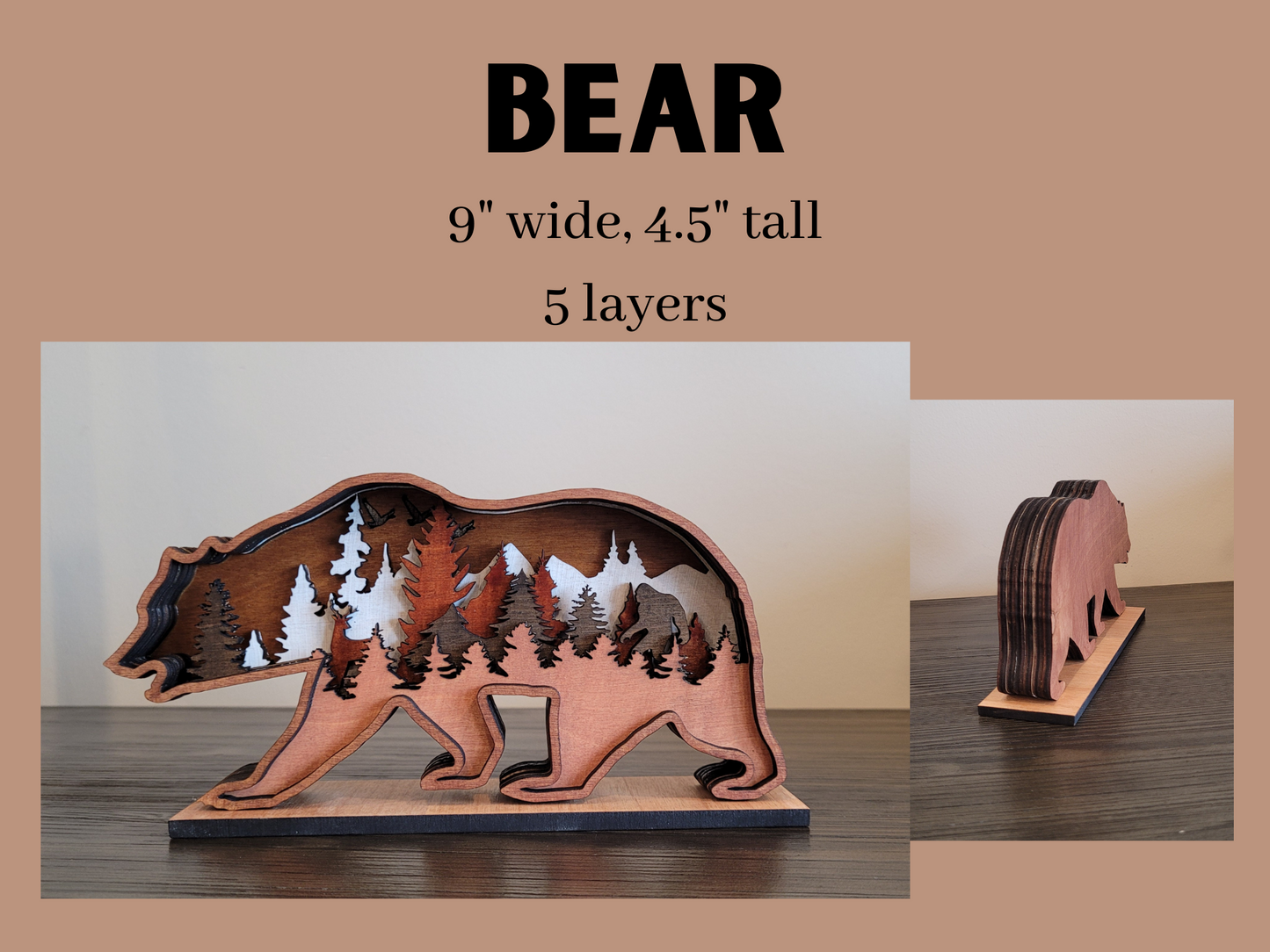 3D wood bear. 9" wide, 4.5" tall. 5 layers of brown, black, and white wood
